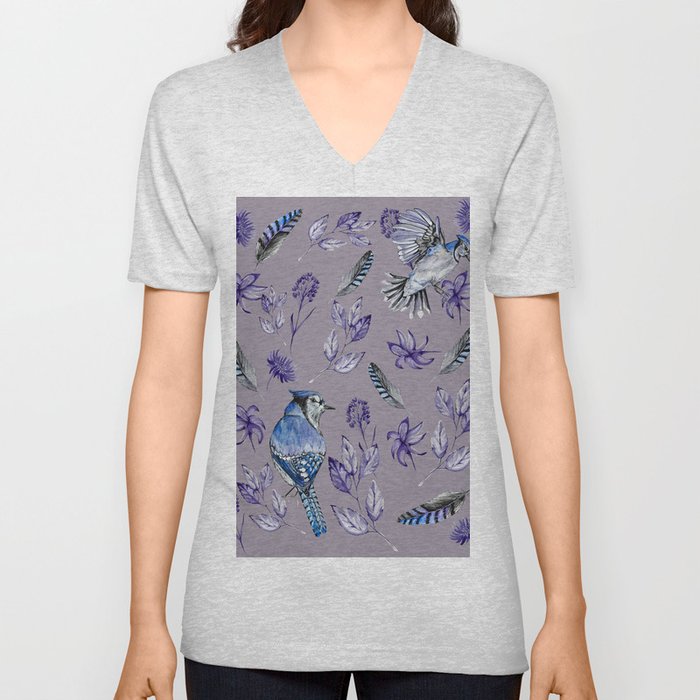 Blue jay watercolor pattern V Neck T Shirt