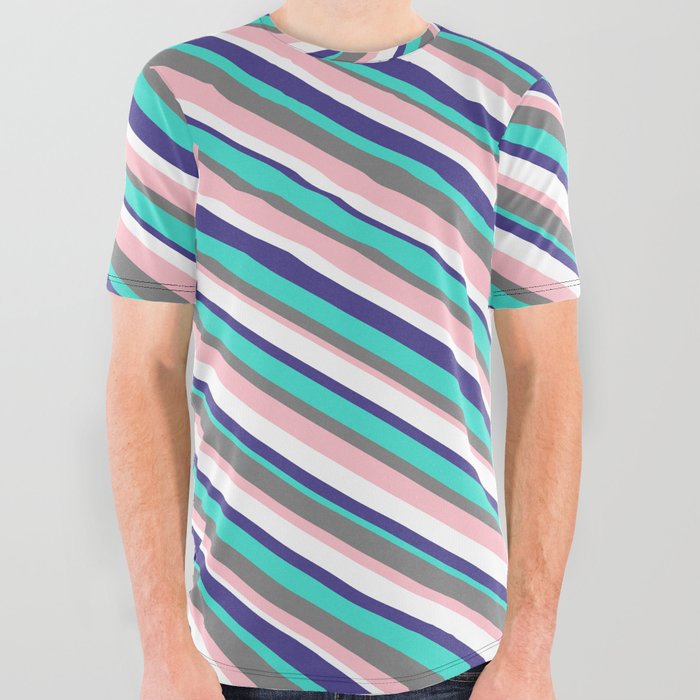 Vibrant Gray, Pink, White, Dark Slate Blue & Turquoise Colored Striped Pattern All Over Graphic Tee
