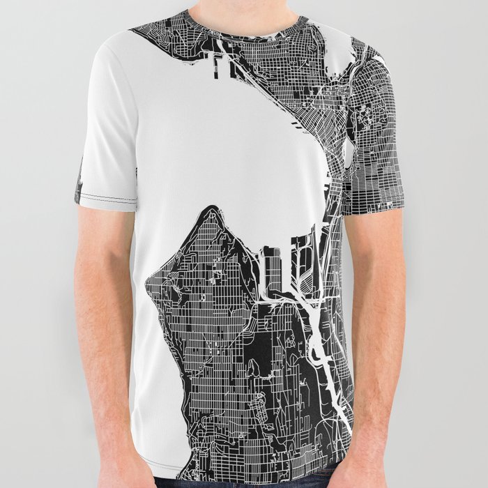 Seattle Black And White Map All Over Graphic Tee