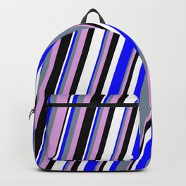 [ Thumbnail: Blue, Light Slate Gray, Plum, Black & White Colored Stripes/Lines Pattern Backpack ]