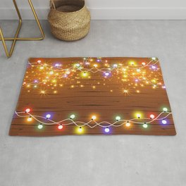 Christmas and New Year design: wooden background with Christmas lights of garland. Vintage illustration, Set of glowing christmas lights. Wooden background.  Area & Throw Rug