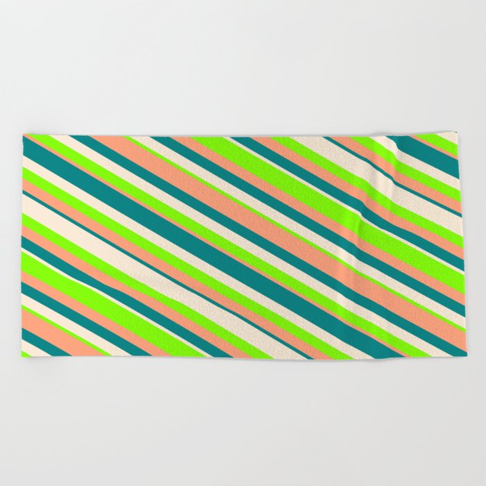 Beige, Chartreuse, Light Salmon, and Teal Colored Lines Pattern Beach Towel