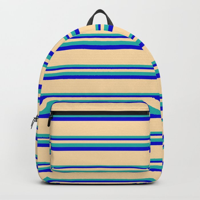 Tan, Light Sea Green & Blue Colored Striped Pattern Backpack
