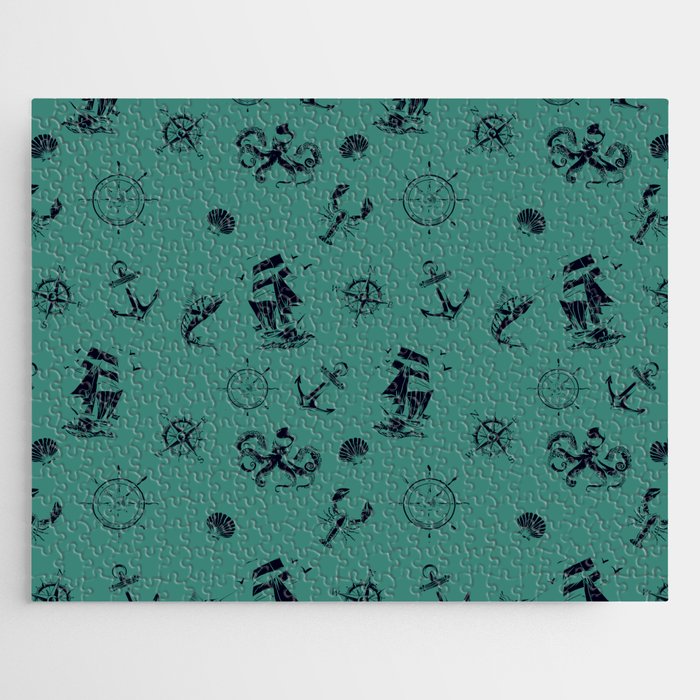Green Blue And Blue Silhouettes Of Vintage Nautical Pattern Jigsaw Puzzle