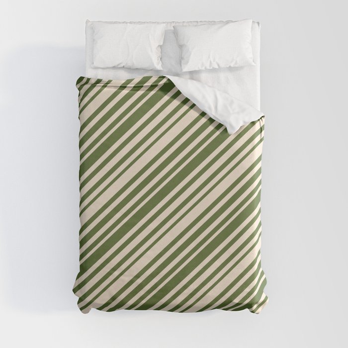 Beige & Dark Olive Green Colored Pattern of Stripes Duvet Cover