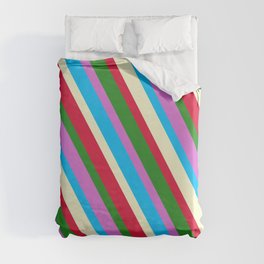 [ Thumbnail: Orchid, Deep Sky Blue, Light Yellow, Crimson, and Forest Green Colored Pattern of Stripes Duvet Cover ]
