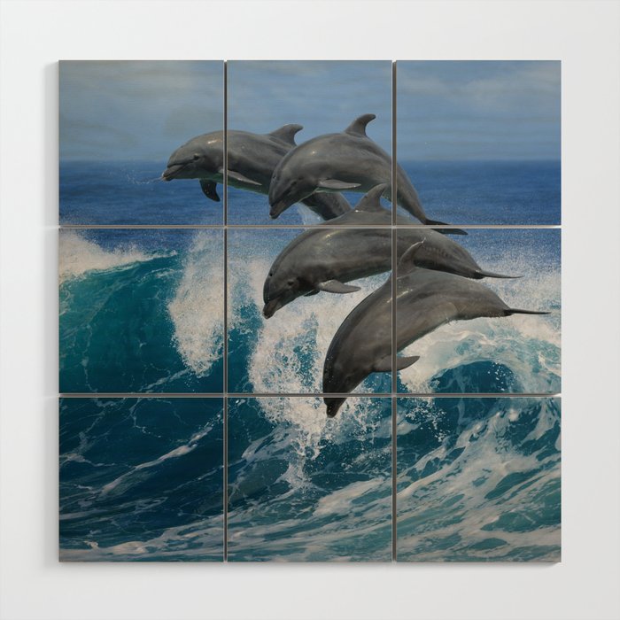 Four Bottle Noise Dolphins Jumping Waves In Tropical Blue Ocean Animal / Wildlife / Coastal Nature Photograph Wood Wall Art and More