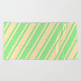 [ Thumbnail: Beige and Light Green Colored Lines Pattern Beach Towel ]