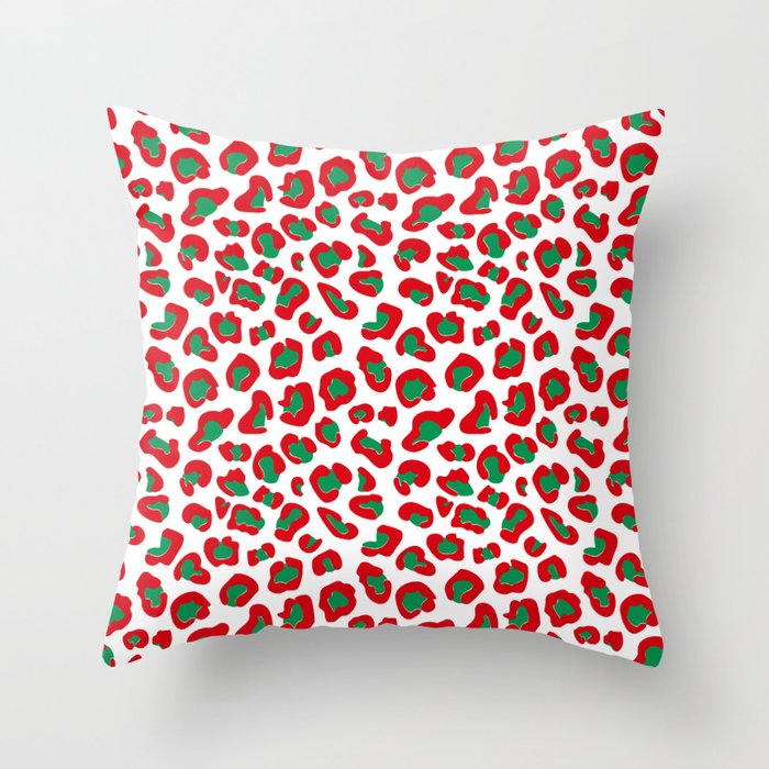 Christmas Leopard Print Red and Green on White Throw Pillow