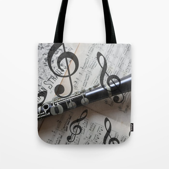 clef music notes white black clarinet Tote Bag