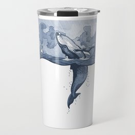 Hump Back Whale breaching in Stormy Seas with tiny boat - nautical themed illustration Travel Mug