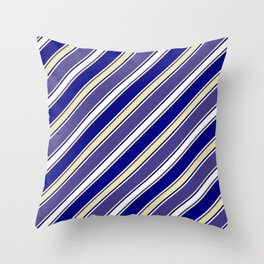 [ Thumbnail: Dark Slate Blue, Pale Goldenrod, Blue & White Colored Lines Pattern Throw Pillow ]