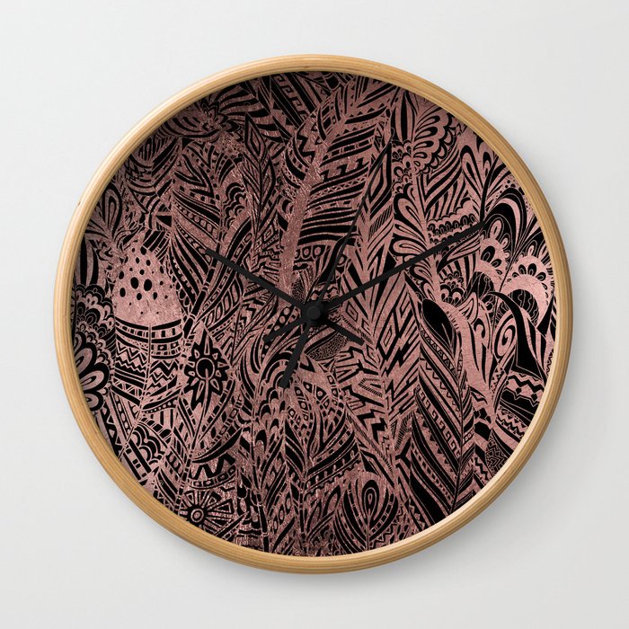 Bohemian black elegant rose gold aztec feathers Wall Clock