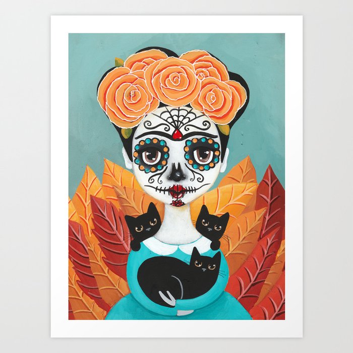 Day of the Dead Girl and Cats Art Print