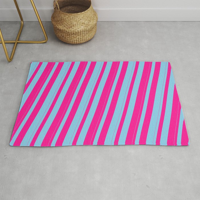 Sky Blue & Deep Pink Colored Striped Pattern Rug