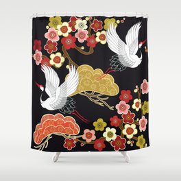 Japanese crane bird hand drawn illustration pattern on dark background.  Shower Curtain