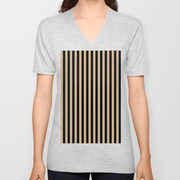 Tan Brown and Black Vertical Stripes V Neck T Shirt