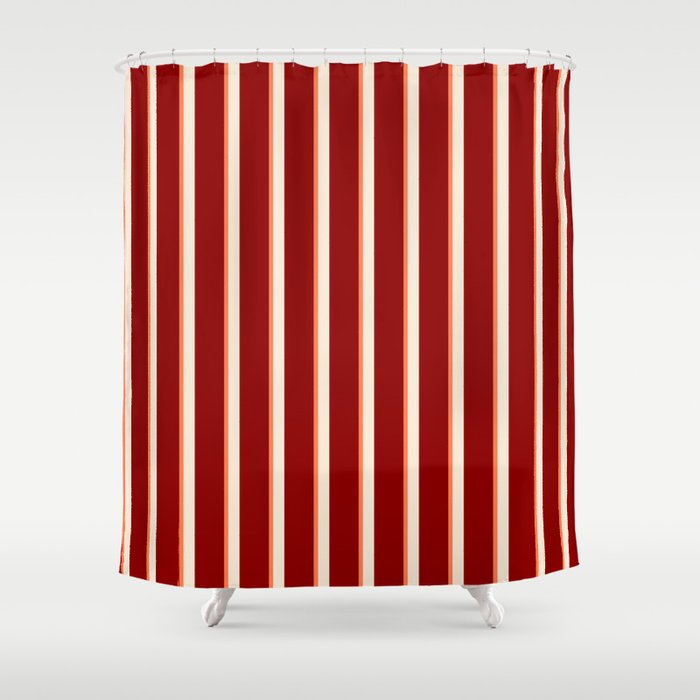 Beige, Coral, and Dark Red Colored Lined Pattern Shower Curtain