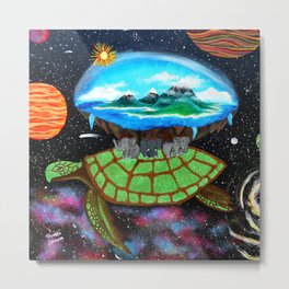 Cosmic Turtle Journey Through Space Metal Print | Animal, Hindu, Painting, Planet, World, Abstract, Flatearth, Elephant, Universe, Space 