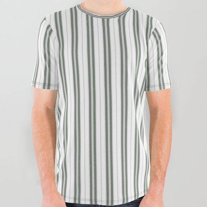 Forest Green and White Narrow Vertical Vintage Provincial French Chateau Ticking Stripe All Over Graphic Tee