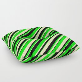 [ Thumbnail: Beige, Black & Lime Colored Lined/Striped Pattern Floor Pillow ]