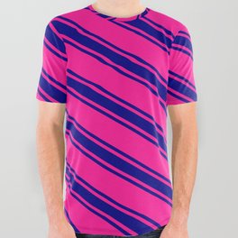 [ Thumbnail: Deep Pink and Blue Colored Striped/Lined Pattern All Over Graphic Tee ]