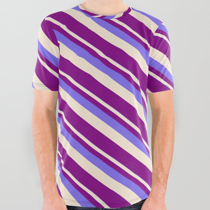Medium Slate Blue, Beige & Purple Colored Stripes/Lines Pattern All Over Graphic Tee