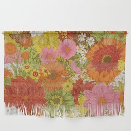 Seamless floral pattern 70s. Autumn flowers and butterflies. Warm colors.  Wall Hanging