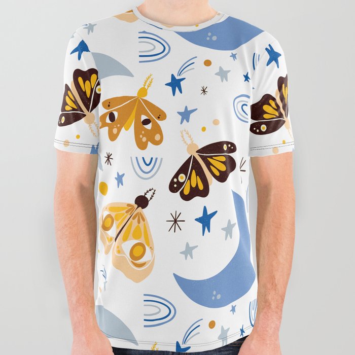 Moths and Moons - Blue & Yellow All Over Graphic Tee