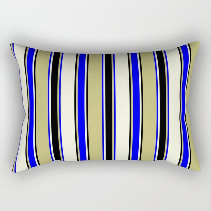 Dark Khaki, Blue, Beige, and Black Colored Stripes/Lines Pattern Rectangular Pillow