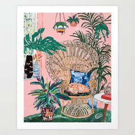 Ginger Cat in Peacock Chair with Indoor Jungle of House Plants Interior Painting Art Print