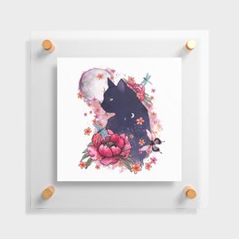 Black cat and moon, flowers and butterfly Floating Acrylic Print