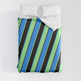 [ Thumbnail: Black, Blue, and Green Colored Striped Pattern Duvet Cover ]