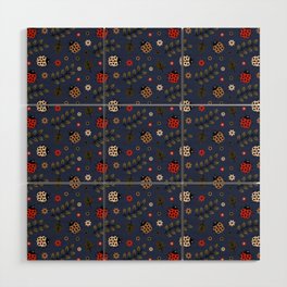 Ladybug and Floral Seamless Pattern on Navy Blue Background Wood Wall Art