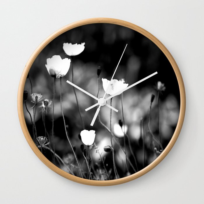 White Poppy Flowers in Black and White  Wall Clock