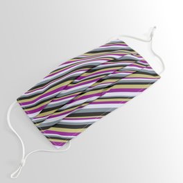 [ Thumbnail: Eye-catching Dark Khaki, Purple, Lavender, Slate Gray, and Black Colored Lined/Striped Pattern Face Mask ]