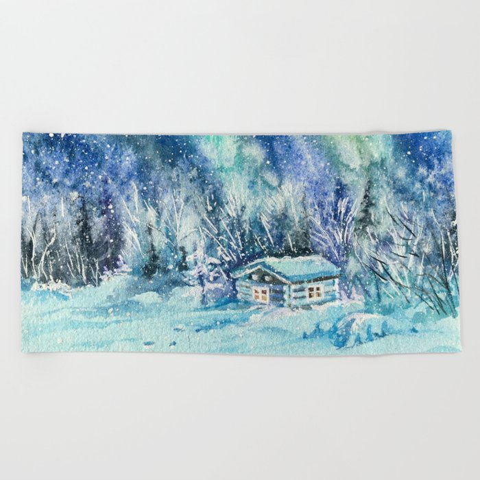 Magical Log Cabin Snowy Northern Lights Forest Landscape Beach Towel