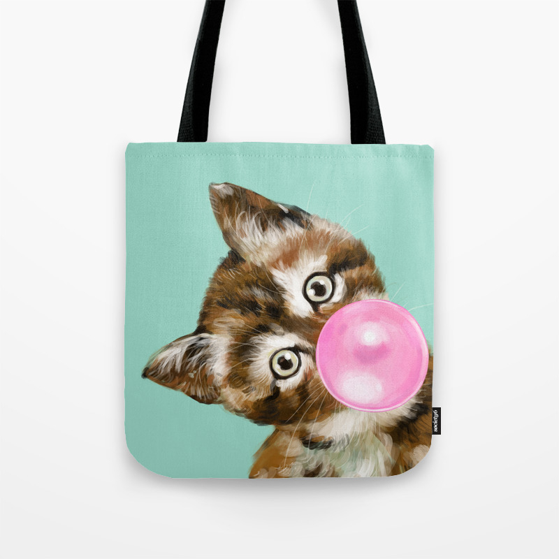 Bubble Gum Baby Cat In Green Tote Bag By Bignosework Society6