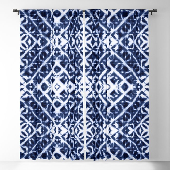 Baroque tie dye of white and indigo blue squares Blackout Curtain