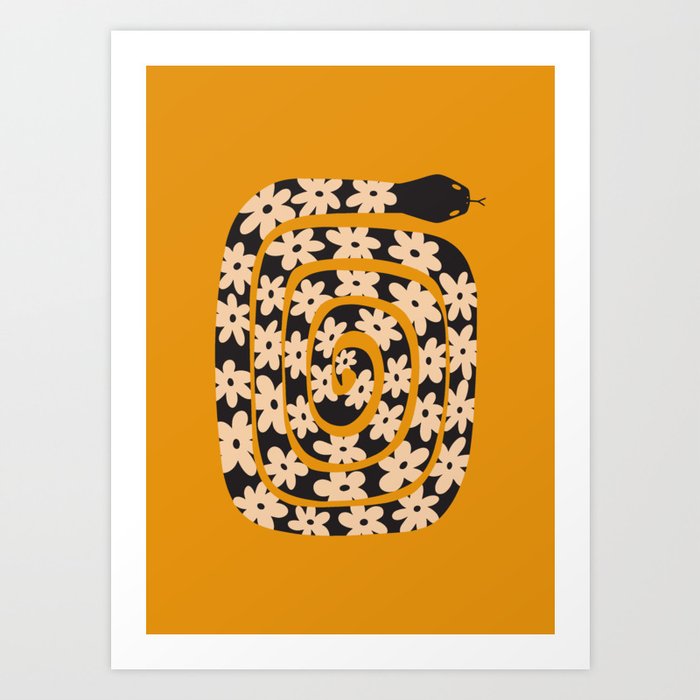 Black & Cream Snake Flower - Orange  Art Print