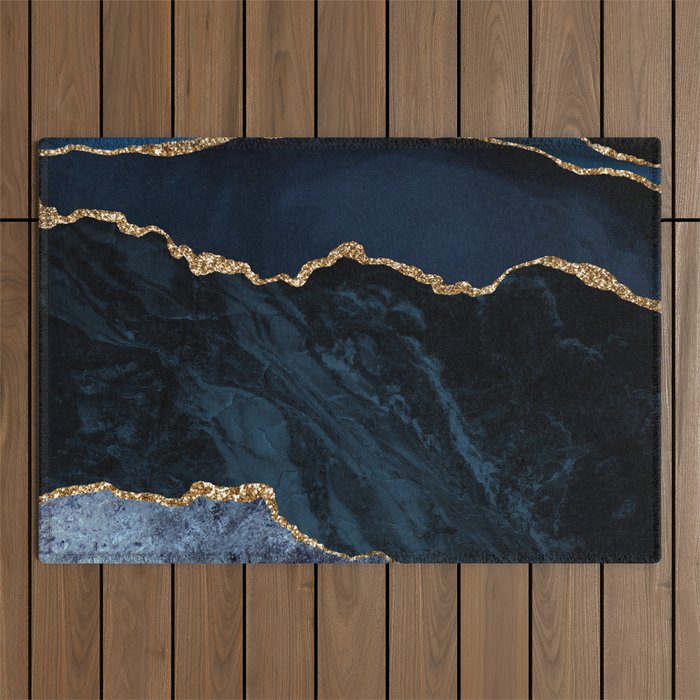 Navy Blue Gold Agate Geode Stone Jewel Pattern Outdoor Rug