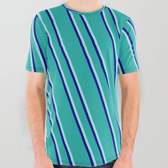 Light Sea Green, Turquoise, and Dark Blue Colored Stripes/Lines Pattern All Over Graphic Tee