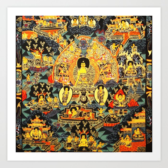 Buddhist Mandala Life of Buddha Gold Red Art Print