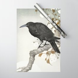 Crow sitting on a cherry  tree - Japanese vintage woodblock print art Wrapping Paper
