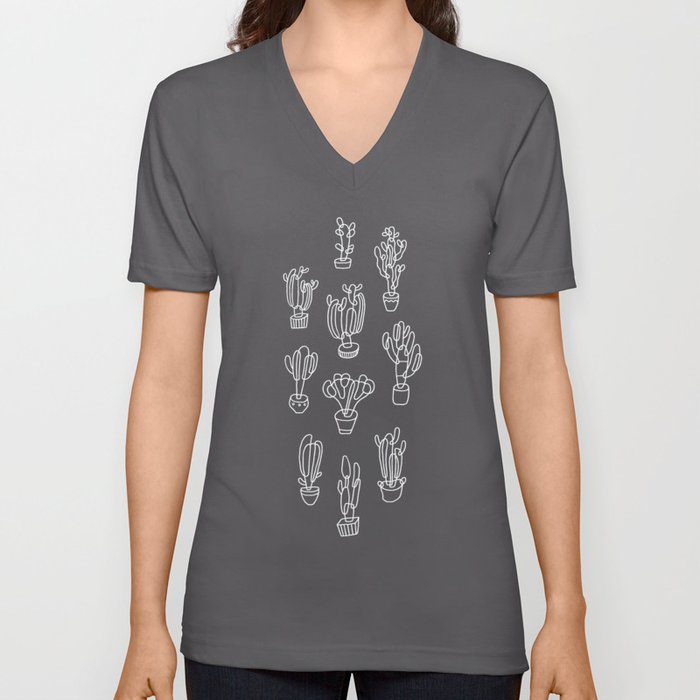 Abstract Expressionism Garden Cactus Line Art Pattern V Neck T Shirt