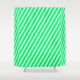 [ Thumbnail: Green and Beige Colored Striped/Lined Pattern Shower Curtain ]