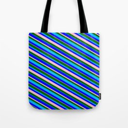 [ Thumbnail: Dark Green, Deep Sky Blue, Blue & Pink Colored Stripes/Lines Pattern Tote Bag ]