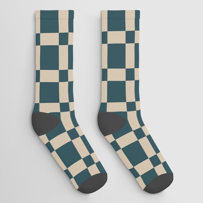 Contemporary Retro Checkerboard Pattern Tan & Bottle Green Socks