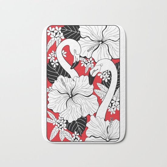 Flamingos and tropical flowers and leaves Bath Mat