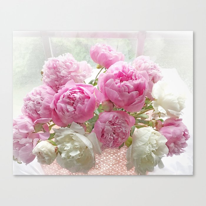 Shabby Chic Garden Pink White Peonies In Window Cottage Flower Wall Art Print, Home Decor, Gift Decor Canvas Print